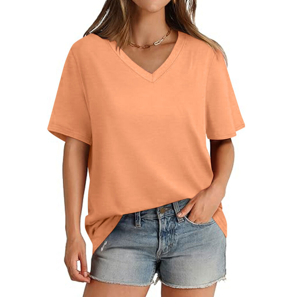Orange Women's V-Neck Short-Sleeved Solid Color Loose Basic- S