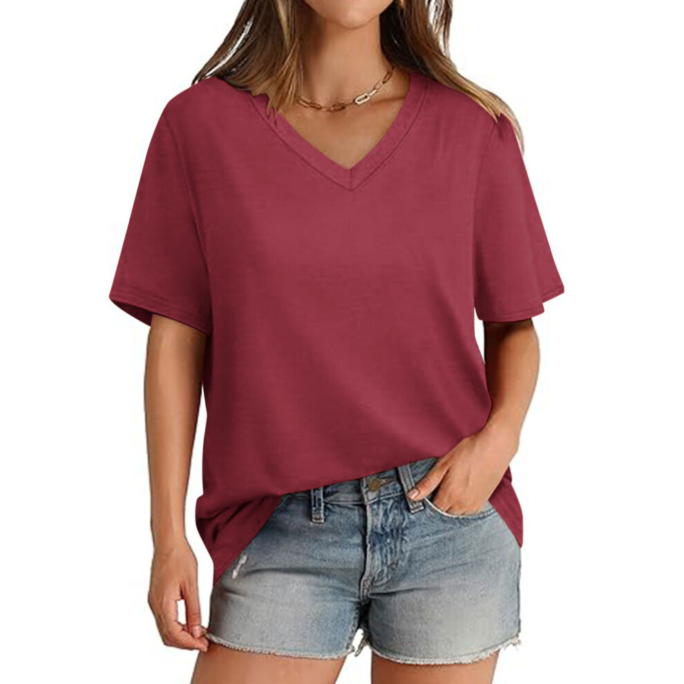 Burgundy Women's V-Neck Short-Sleeved Solid Color Loose- Xl