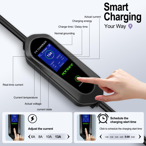 RTSKY Ev Charger Cable Type 2 to 3 Pin UK Plug 10M, 3KW 13A with Adjustable Current, Includes UI Display Screen, Storage Bag & Wall Mount 1