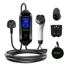 RTSKY Ev Charger Cable Type 2 to 3 Pin UK Plug, 3KW 13A with Adjustable Current, Includes UI Display Screen, Storage Bag & Wall Mount,5M