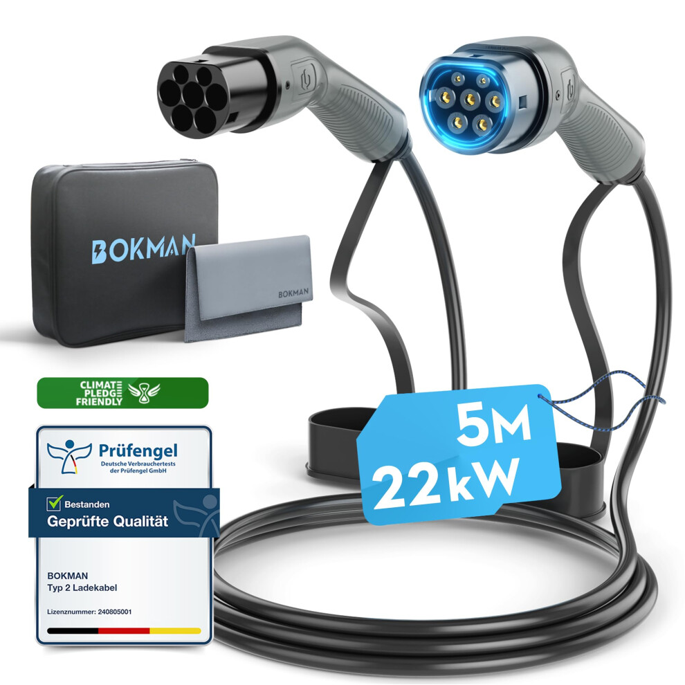 Bokman Type 2 Ev Charging Cable, Mode 3 / 32A / 22Kw / 3 Phase / 5 Meter, Electric Vehicle Car Plug-In Hybrid Type 2 To Type 2 Fast Charging Cable 5051227318497