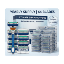 Kit da barba premium: 1 manico ergonomico per rasoio + 64 cartucce di ricambio multilama - Confezione annuale per rasature lisce e prec