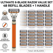 6-Blade Men's Razor Set: 1 Ergonomic Orange Handle + 48 High-Precision Refill Cartridges, Long-Lasting Value Pack for Smooth Shave