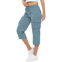Cropped Cargo Pants Women Baggy Casual Elastic-Light Blue M