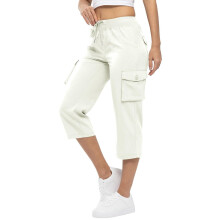 Cropped Cargo Pants Women Baggy Casual Elastic Waist-White XXXL