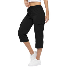Cropped Cargo Pants Women Baggy Casual Elastic Waist-Black XL