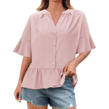 Women Summer Ruffle Sleeve V Neck Button Pleated Blouse-Pink L