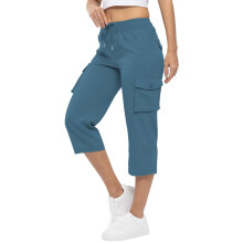 Cropped Cargo Pants Women Baggy Casual Elastic Waist-Blue M