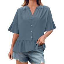 Women Summer Ruffle Sleeve V Neck Button Pleated-dark blue S