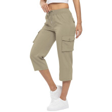 Cropped Cargo Pants Women Baggy Casual Elastic Waist-Khaki M