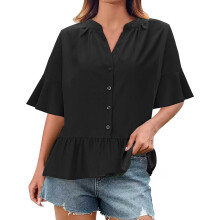 Women Summer Ruffle Sleeve V Neck Button Pleated-Black XXL