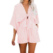 Womens Casual Shorts Rompers Half Sleeve Tie Waist-Pink M