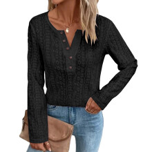 Women's Blouse Long Sleeve Half Button Openwork Semi-Black M