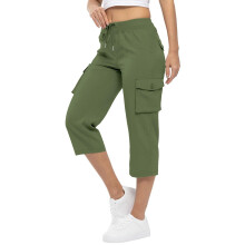 Cropped Cargo Pants Women Baggy Casual Elastic Waist-Green XXL