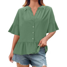 Women Summer Ruffle Sleeve V Neck Button Pleated-Green XL