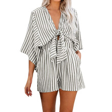 Womens Casual Shorts Rompers Half Sleeve Tie Waist-black gray S