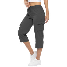 Cropped Cargo Pants Women Baggy Casual Elastic Waist-Gray XXL