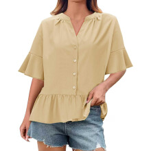 Women Summer Ruffle Sleeve V Neck Button Pleated-Yellow XL