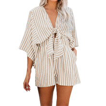 Womens Casual Shorts Rompers Half Sleeve Tie Waist-Khaki XL