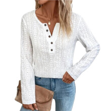 Women's Blouse Long Sleeve Half Button Openwork Semi-White S