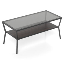 Rechteckiger Couchtisch aus Glas mit Metallgestell und zwei Ablageflächen