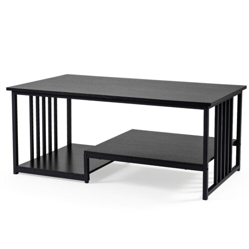 Rechteckiger Couchtisch mit 2 Ablagen, schwarzes Metallgestell