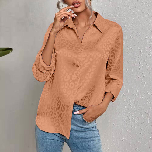 Women's Leopard Print Button Front Long Sleeve Shirt-Pink M 2