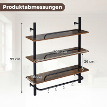 Zwevende wandplank van buizen met 4 haken, 3 lagen, 80,5x24x97 cm