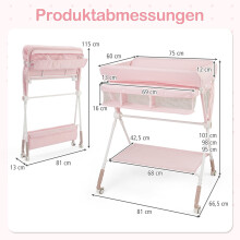 Draagbare, opvouwbare commode met verstelbare hoogte en vergrendelbare wielen.