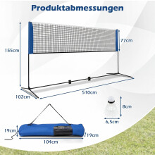 Verstelbaar badminton- en volleybalnet met draagtas en shuttlecocks.