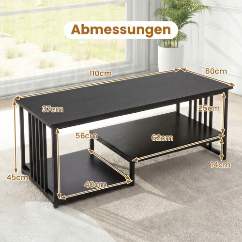 Rechteckiger Couchtisch mit 2 Ablagen, schwarzes Metallgestell 1