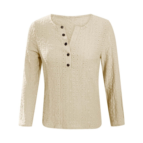 Women's Blouse Long Sleeve Half Button Openwork Semi-White S 2