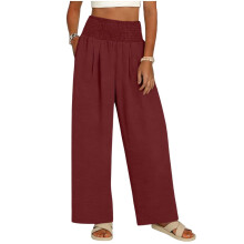 Women Flowy Wide Leg Pants High Waist Trousers-Burgundy L