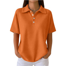 Womens Shirts Short Sleeve Color Lapel Collared V Neck-Orange S