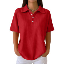 Womens Shirts Short Sleeve Color Lapel Collared V Neck-Red S