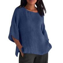 Women's Summer Casual Cotton Linen T-Shirt,-Navy Blue XXL
