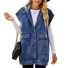 Long Sleeveless Cotton Jean Jacket Casual-dark blue XS