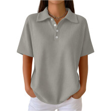 Womens Shirts Short Sleeve Color Lapel Collared V Neck-Gray XL