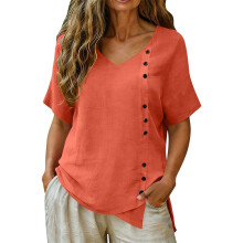 Linen Top for Women Casual V Neck Short Sleeve-Orange L