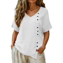 Linen Top for Women Casual  V Neck Short Sleeve-White XXXL