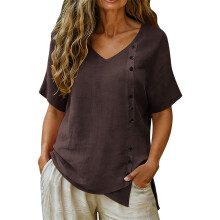 Linen Top for Women Casual V Neck Short Sleeve-Brown XXL