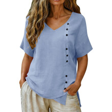 Linen Top for Women Casual V Neck Short Sleeve-Sky Blue XXXL