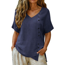 Linen Top for Women Casual  V Neck Short Sleeve-dark blue S