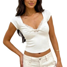 Women Twist Front T-Shirt with Lace Trim V Neck Short Sleeve-L