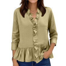 Women's Blouses, Elegant, Casual, 3/4 Sleeve, Ruffled,-Khaki XL