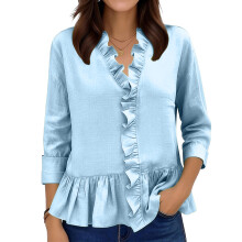 Women's Blouses, Elegant, Casual, 3/4 Sleeve, Ruffled,-Blue XXL