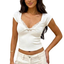 Women Short Sleeve Lace Trim V Neck Slim Fit Tee Shirt-S