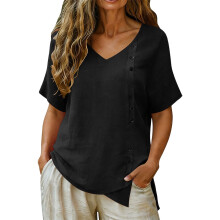 Linen Top for Women Casual  V Neck Short Sleeve-Black XXXL