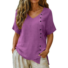 Linen Top for Women Casual V Neck Short Sleeve-Fuchsia L