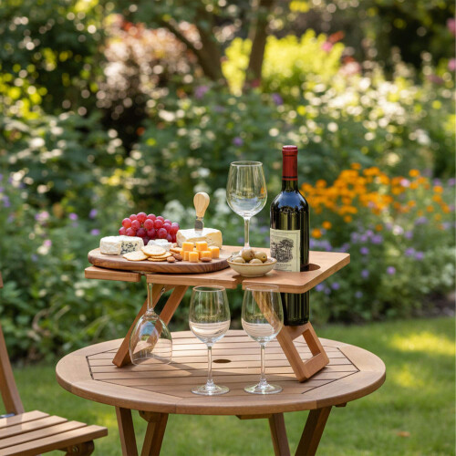 Picknick-Weintablett aus Bambus mit Glas- und Flaschenhaltern 2